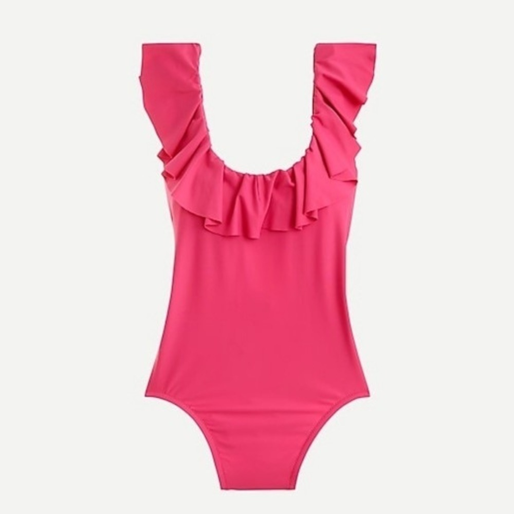 NWT!! J. CREW Ruffle Scoopneck One Piece Swimsuit Solid Hot Pink Vacation Size 4